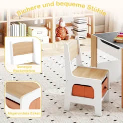 4 in 1 Kinder Tisch- & Stuhl-Set mit Doppelseitigen Tischplatten & Seitlichen Bücherregalen Natur