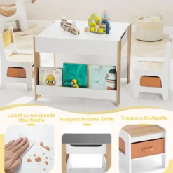 4 in 1 Kinder Tisch- & Stuhl-Set mit Doppelseitigen Tischplatten & Seitlichen Bücherregalen Natur