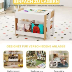 4 in 1 Kinder Tisch- & Stuhl-Set mit Doppelseitigen Tischplatten & Seitlichen Bücherregalen Natur