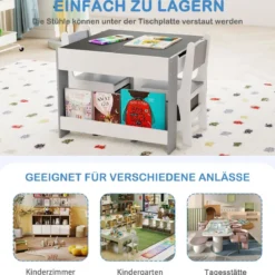 4 in1 Kinder Tisch- & Stuhl-Set mit Doppelseitigen Tischplatten & Seitlichen Bücherregalen Grau