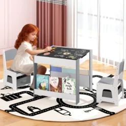 4 in 1 Kinder Tisch- & Stuhlset mit Wendem Tischplatte & Bücherregale Kindertisch-Set