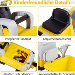 2 in 1 Kindertraktor Kinder Aufsitz-Bagger mit Abnehmbarem Anhänger Rechen Schaufel und Stauraum Gelb