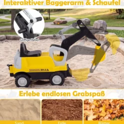 2 in 1 Kindertraktor Kinder Aufsitz-Bagger mit Abnehmbarem Anhänger Rechen Schaufel und Stauraum Gelb