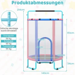 6 in 1 Kindertrampolin mit Sicherheitsnetz & Hitzeverzinkte Metallrahmen 140 x 140 x 214 cm