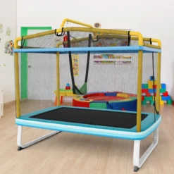 3-in-1 Kindertrampolin Trampolin mit Schaukel & horizontaler Stange Gartentrampolin Gelb