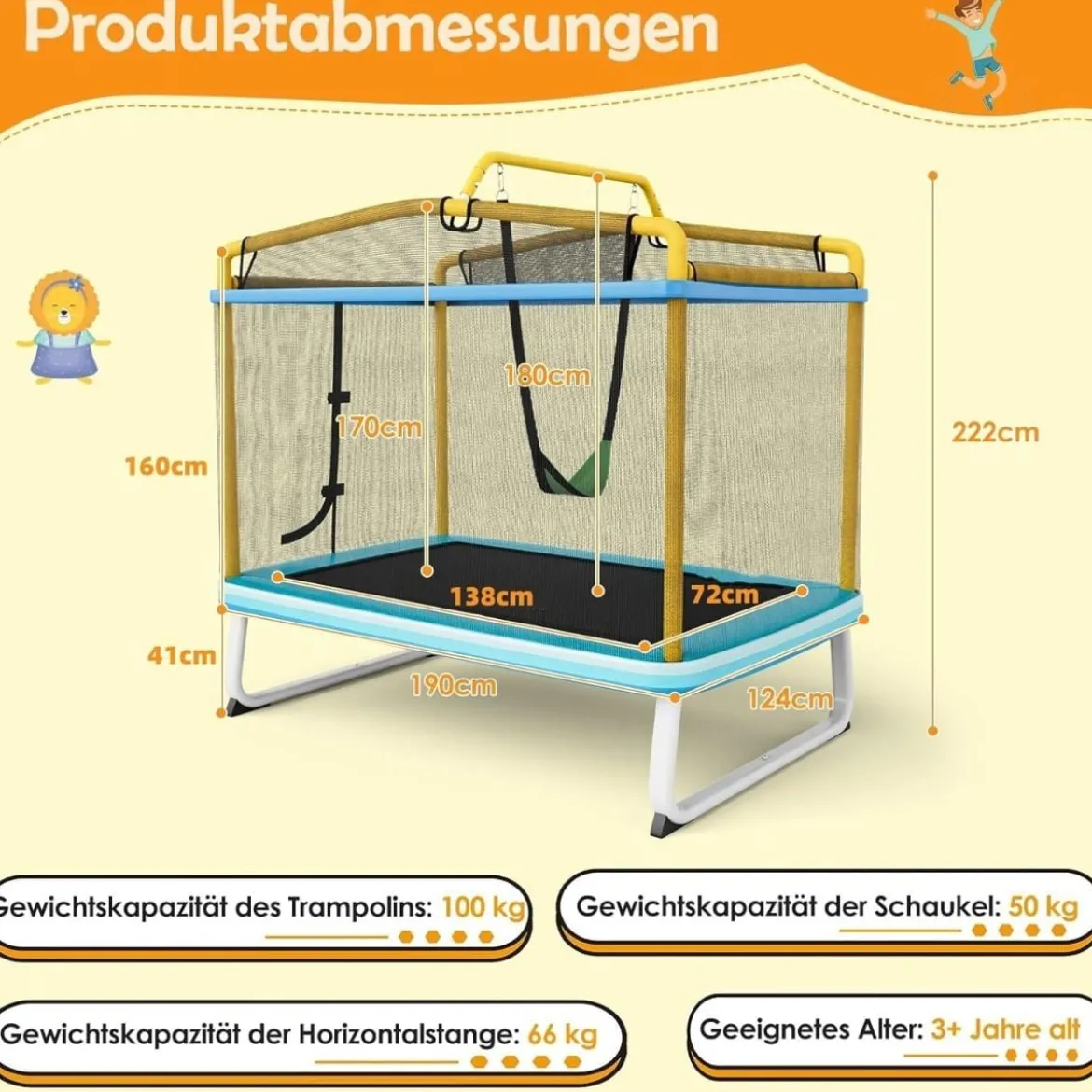 3-in-1 Kindertrampolin Trampolin mit Schaukel & horizontaler Stange Gartentrampolin Gelb