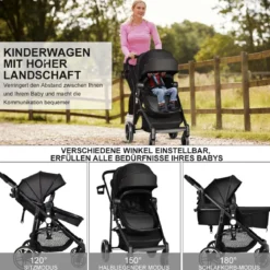 2 in 1 Kinderwagen faltbar Kombikinderwagen mit umkehrbarem Sitz Schwarz/Grau