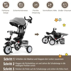 6-in-1 Kinderwagen mit Dach & Sicherheitsgurt für Kinder im Alter von 12 - 50 Monaten Grau