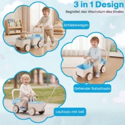 3 in 1 Kinderwagen mit Rollen Schiebe-Zieh-Lauflernwagen mit Stauraum & Klappbarem Griff