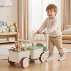 3 in 1 Kinderwagen mit Rollen Schiebe-Zieh-Lauflernwagen mit Stauraum & Klappbarem Griff