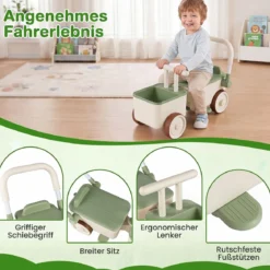 3 in 1 Kinderwagen mit Rollen Schiebe-Zieh-Lauflernwagen mit Stauraum & Klappbarem Griff