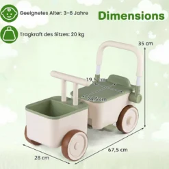 3 in 1 Kinderwagen mit Rollen Schiebe-Zieh-Lauflernwagen mit Stauraum & Klappbarem Griff