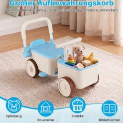 3 in 1 Kinderwagen mit Rollen Schiebe-Zieh-Lauflernwagen mit Stauraum & Klappbarem Griff