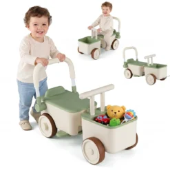 3 in 1 Kinderwagen mit Rollen Schiebe-Zieh-Lauflernwagen mit Stauraum & Klappbarem Griff