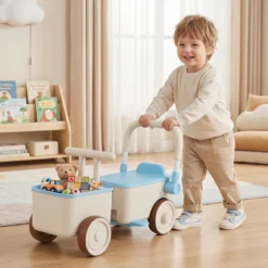 3 in 1 Kinderwagen mit Rollen Schiebe-Zieh-Lauflernwagen mit Stauraum & Klappbarem Griff
