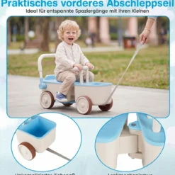 3 in 1 Kinderwagen mit Rollen Schiebe-Zieh-Lauflernwagen mit Stauraum & Klappbarem Griff