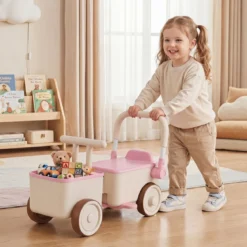 3 in 1 Kinderwagen mit Rollen Schiebe-Zieh-Lauflernwagen mit Stauraum & Klappbarem Griff