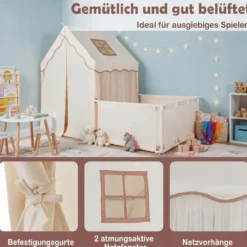 2 in 1 Kinderzelt & Laufgitter mit Lichterkette & Abwaschbarer Matte Kinder Spielhaus Spielzelt Beige