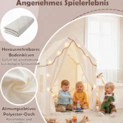 2 in 1 Kinderzelt & Laufgitter mit Lichterkette & Abwaschbarer Matte Kinder Spielhaus Spielzelt Beige