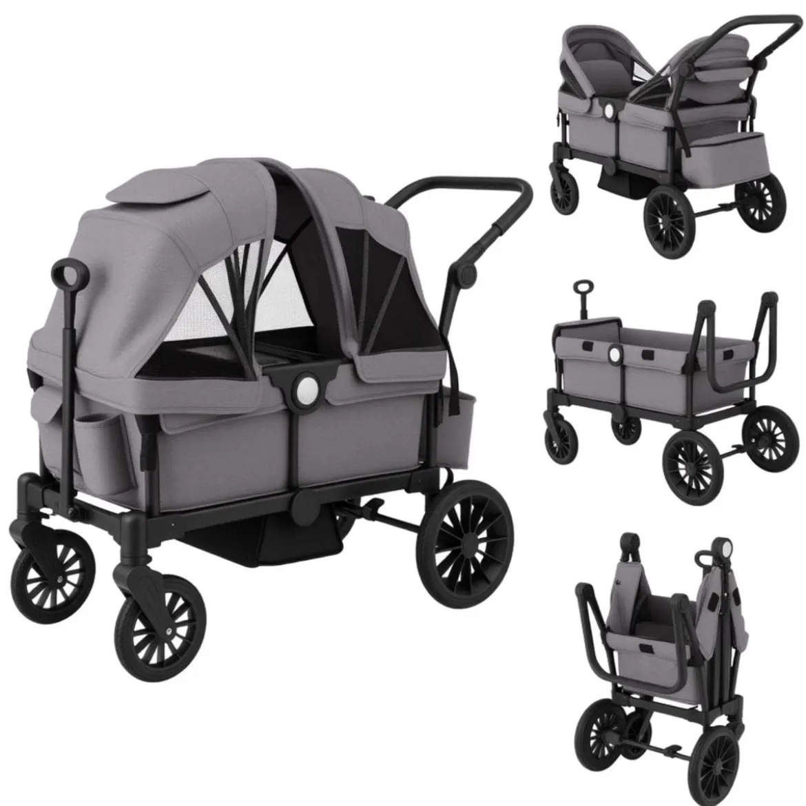 2 in 1 Klappbare Geschwisterwagen mit Verstellbarem Griff & Abnehmbarem Verdeck Grau