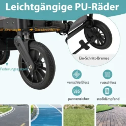 2 in 1 Klappbare Geschwisterwagen mit Verstellbarem Griff & Abnehmbarem Verdeck Grau