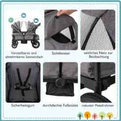 2 in 1 Klappbare Geschwisterwagen mit Verstellbarem Griff & Abnehmbarem Verdeck Grau