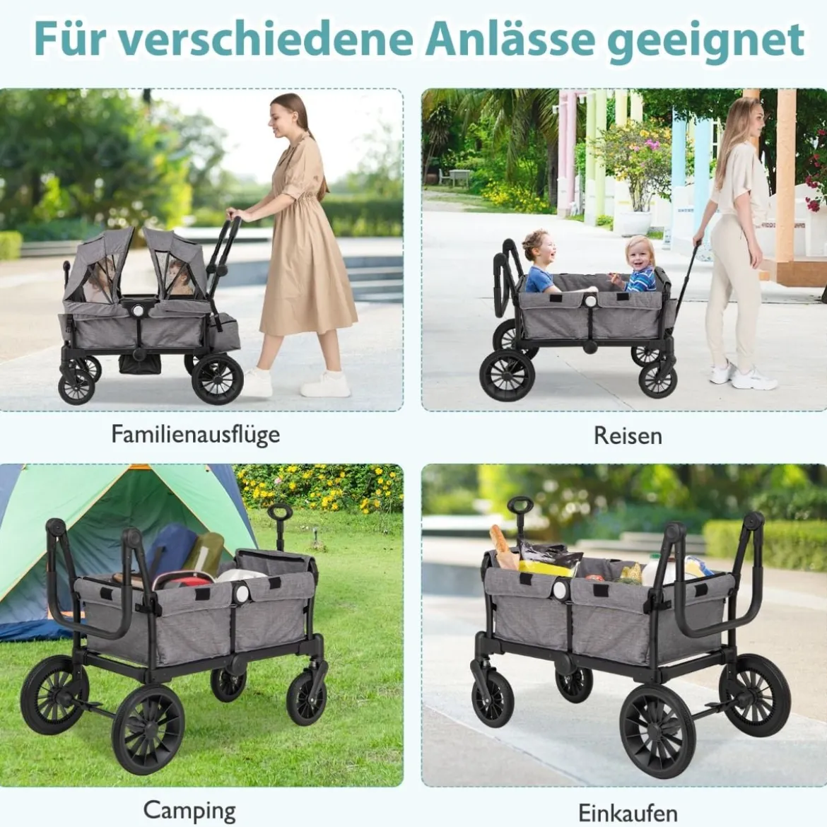 2 in 1 Klappbare Geschwisterwagen mit Verstellbarem Griff & Abnehmbarem Verdeck Grau