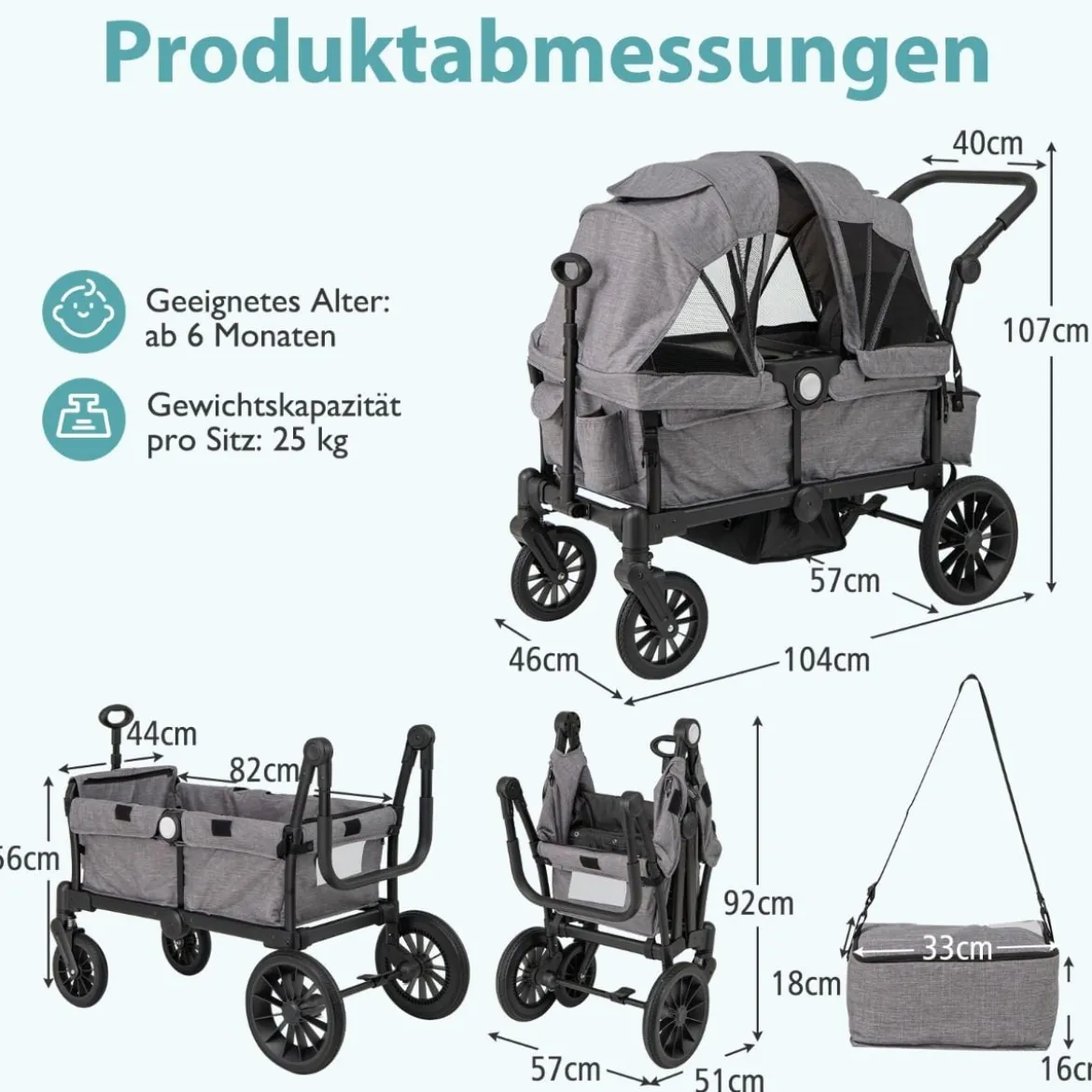 2 in 1 Klappbare Geschwisterwagen mit Verstellbarem Griff & Abnehmbarem Verdeck Grau