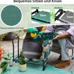 2 in 1 Klappbare Kniebank für Gartenarbeit mit EVE-Polster & 1 Werkzeugtasche Gartenhocker Grün