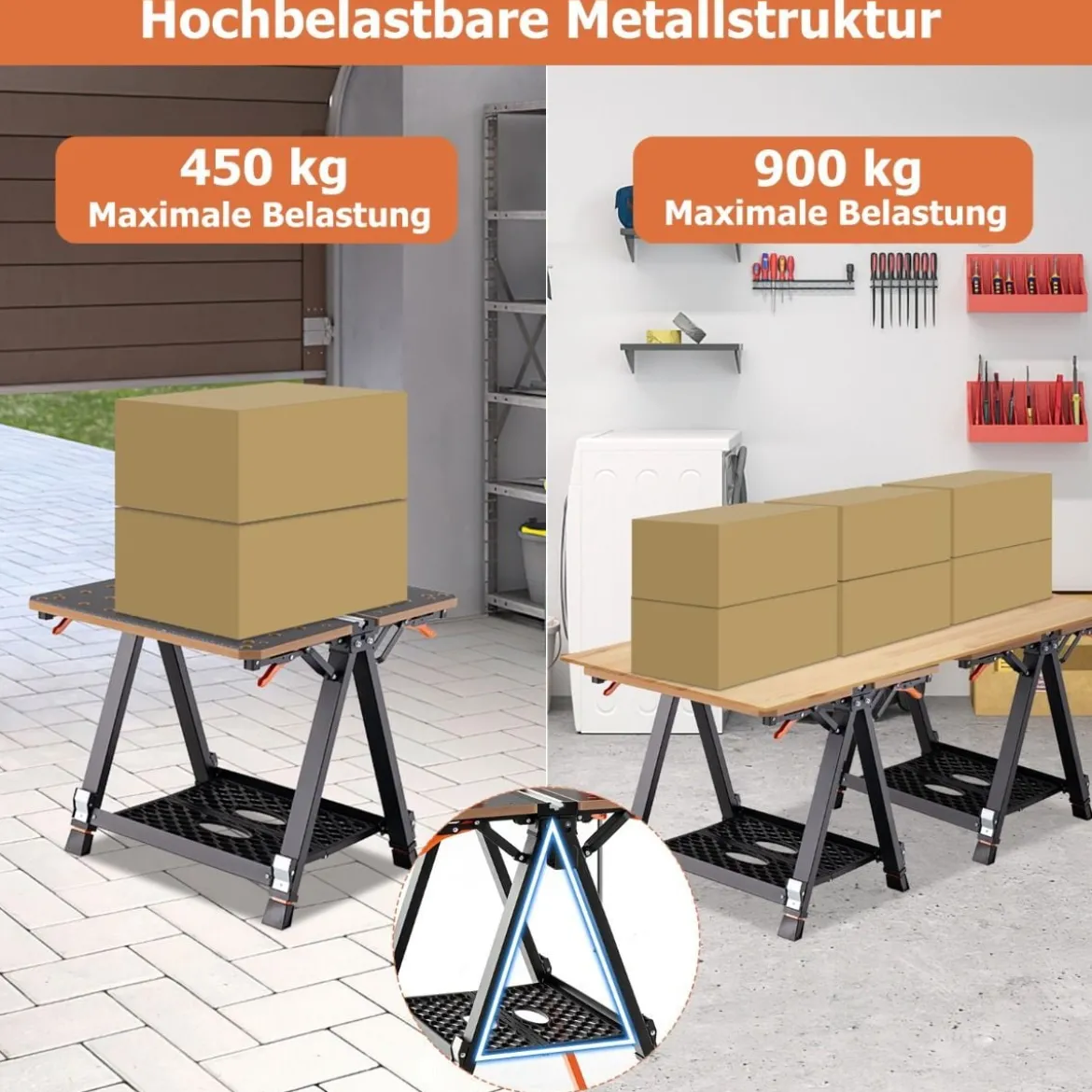 2 in 1 Klappbarer Arbeitstisch mit 8 Einstellbaren Höhen & Arbeitsfläche & Metallrahmen Werkbank