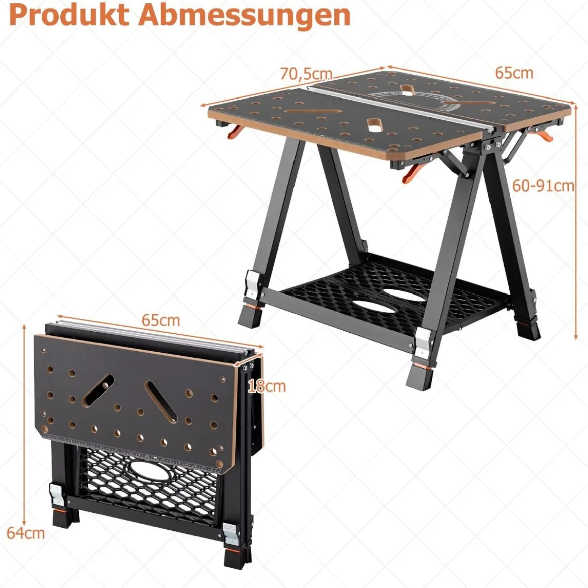 2 in 1 Klappbarer Arbeitstisch mit 8 Einstellbaren Höhen & Arbeitsfläche & Metallrahmen Werkbank