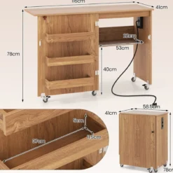2 in 1 Klappbarer Nähtisch mit Ladestation & Regalen Nähmaschinenschrank Nähschrank Natur