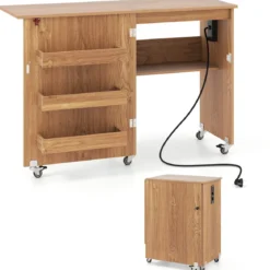 2 in 1 Klappbarer Nähtisch mit Ladestation & Regalen Nähmaschinenschrank Nähschrank Natur
