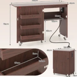 2 in 1 Klappbarer Nähtisch mit Ladestation & Regalen Nähmaschinenschrank Nähschrank Kaffee