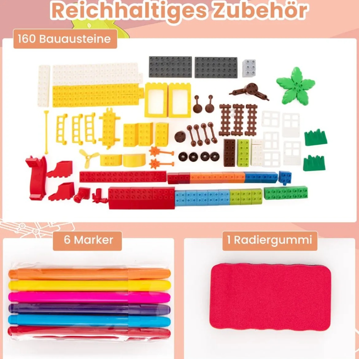 6 in 1 Klappbarer Zeichentisch mit Stuhl & Staffelei Multifunktionaler Spieltisch mit 160 Bausteine