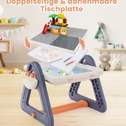 6 in 1 Klappbarer Zeichentisch mit Stuhl & Staffelei Multifunktionaler Spieltisch mit 160 Bausteine