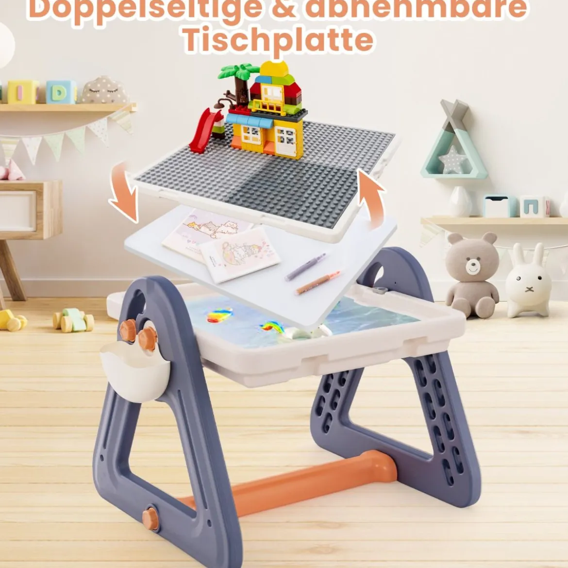 6 in 1 Klappbarer Zeichentisch mit Stuhl & Staffelei Multifunktionaler Spieltisch mit 160 Bausteine