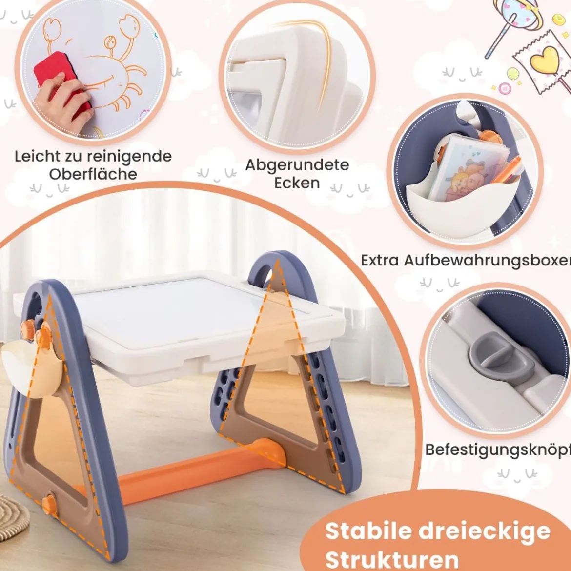 6 in 1 Klappbarer Zeichentisch mit Stuhl & Staffelei Multifunktionaler Spieltisch mit 160 Bausteine