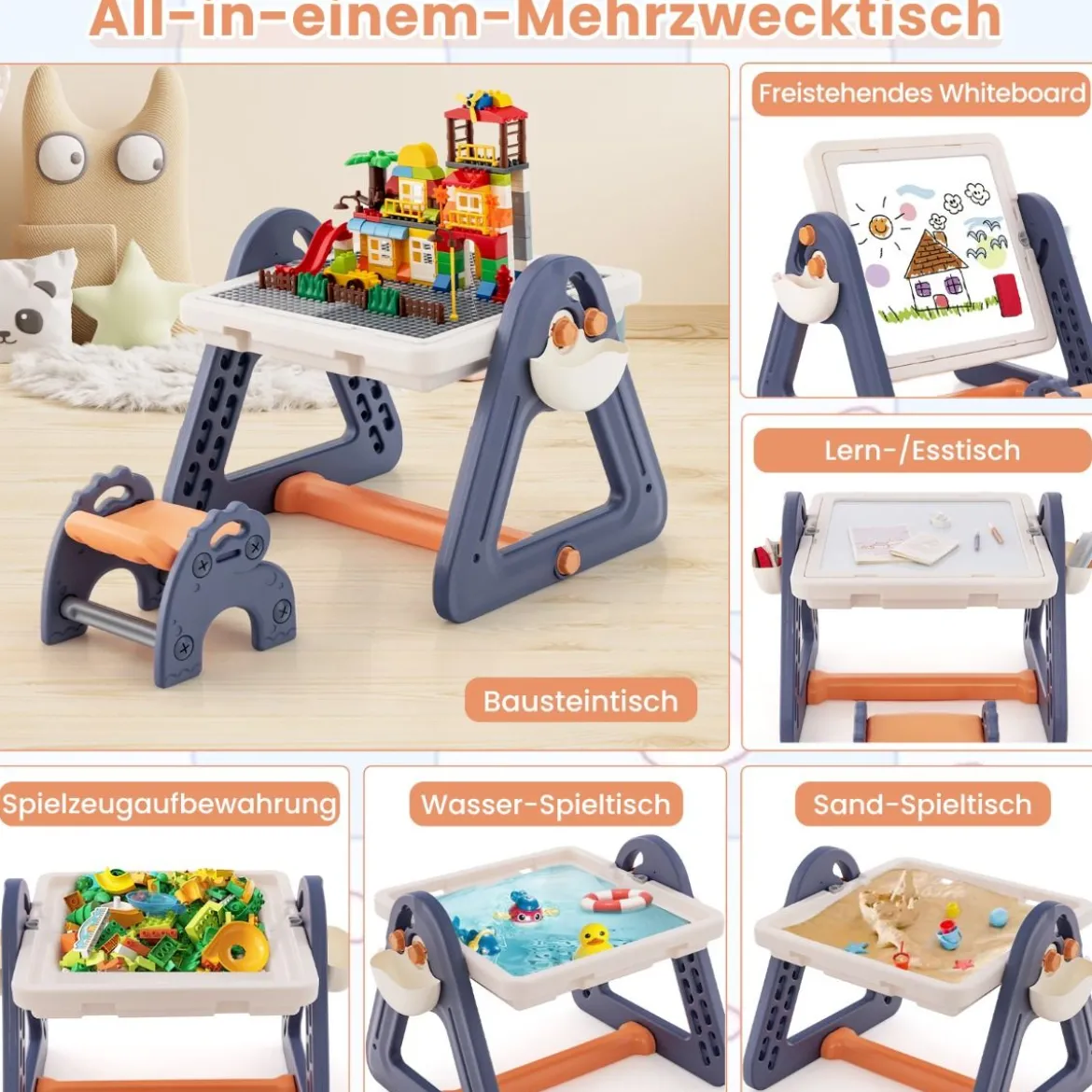 6 in 1 Klappbarer Zeichentisch mit Stuhl & Staffelei Multifunktionaler Spieltisch mit 160 Bausteine