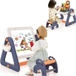 6 in 1 Klappbarer Zeichentisch mit Stuhl & Staffelei Multifunktionaler Spieltisch mit 160 Bausteine