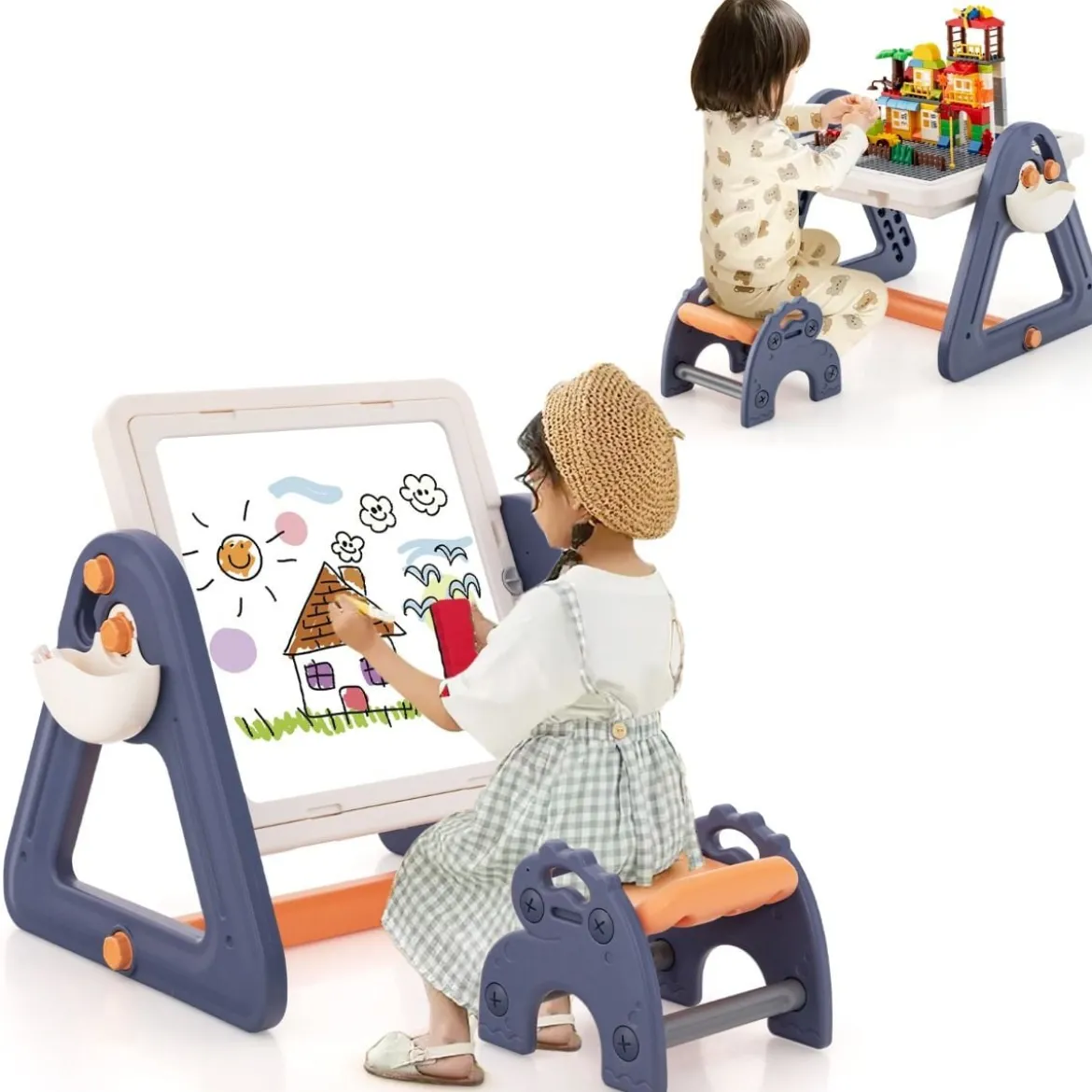 6 in 1 Klappbarer Zeichentisch mit Stuhl & Staffelei Multifunktionaler Spieltisch mit 160 Bausteine
