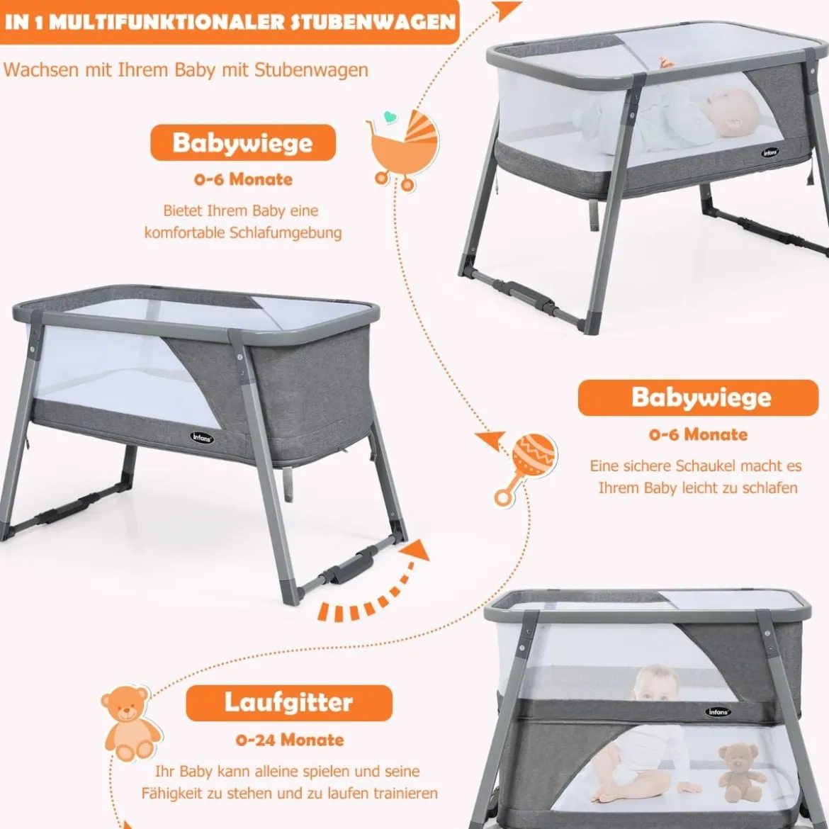 3 in 1 klappbares Babybett tragbares Reisebett 106,5 x 63,5 x 71 cm Grau