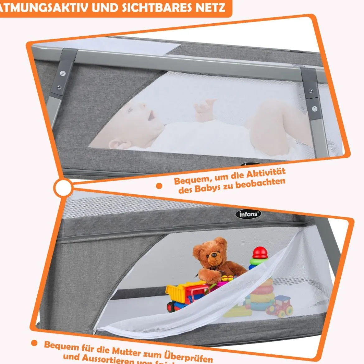 3 in 1 klappbares Babybett tragbares Reisebett 106,5 x 63,5 x 71 cm Grau