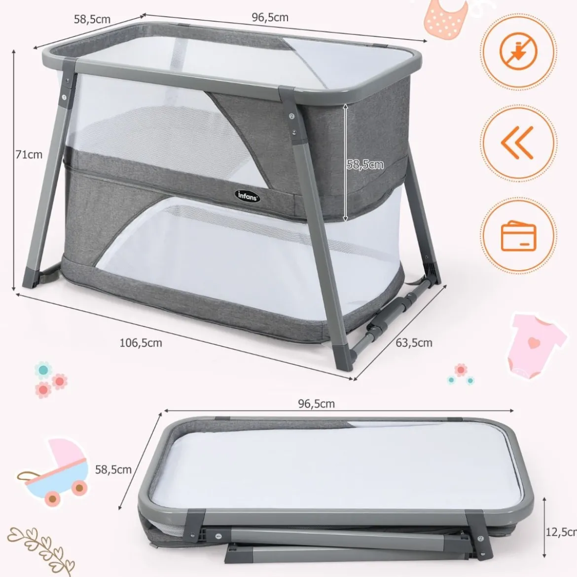 3 in 1 klappbares Babybett tragbares Reisebett 106,5 x 63,5 x 71 cm Grau