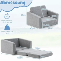 2 in 1 Klappbares Kindersofa mit Samtstoff Gepolsterter Kindersessel 60 x 43 x 40 cm Grau