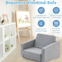 2 in 1 Klappbares Kindersofa mit Samtstoff Gepolsterter Kindersessel 60 x 43 x 40 cm Grau