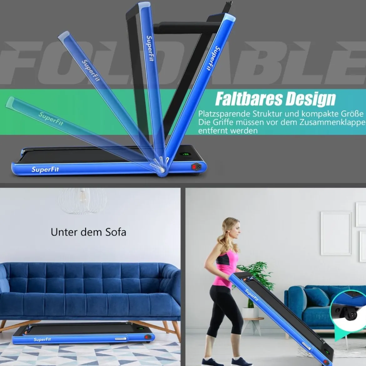 2 in 1 klappbares Laufband mit Bluetooth-Lautsprecher Fernbedienung und LED-Anzeige Blau