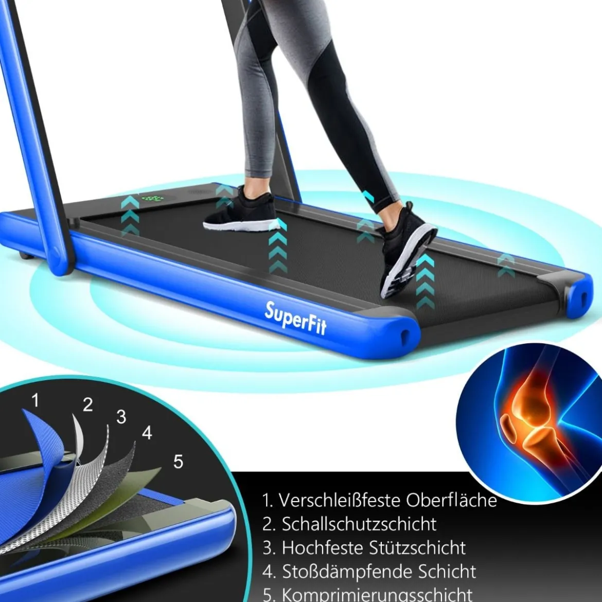 2 in 1 klappbares Laufband mit Bluetooth-Lautsprecher Fernbedienung und LED-Anzeige Blau