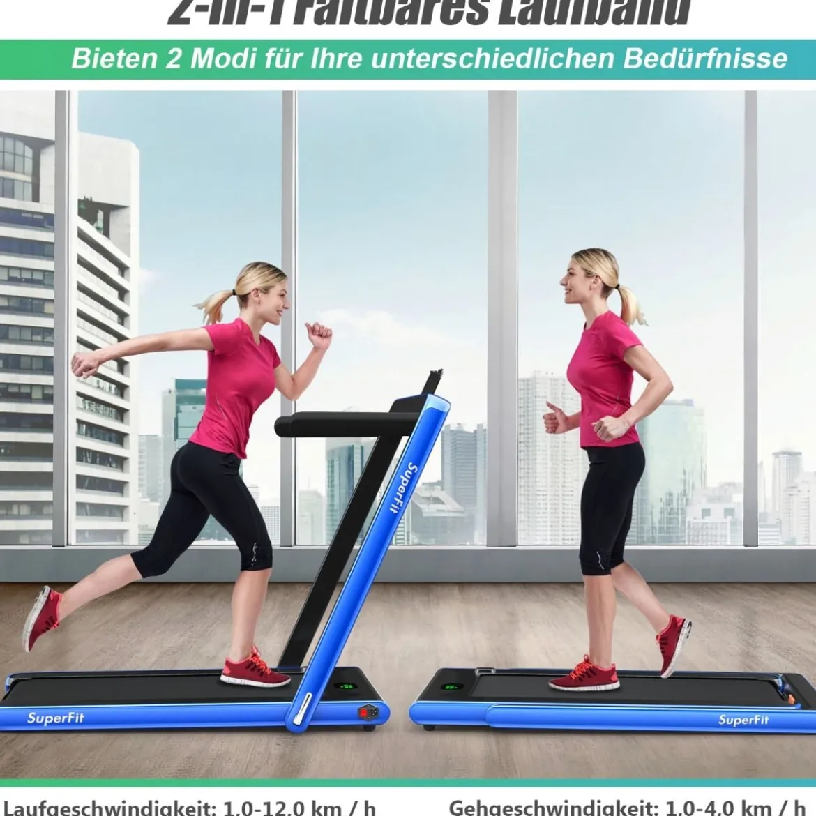2 in 1 klappbares Laufband mit Bluetooth-Lautsprecher Fernbedienung und LED-Anzeige Blau