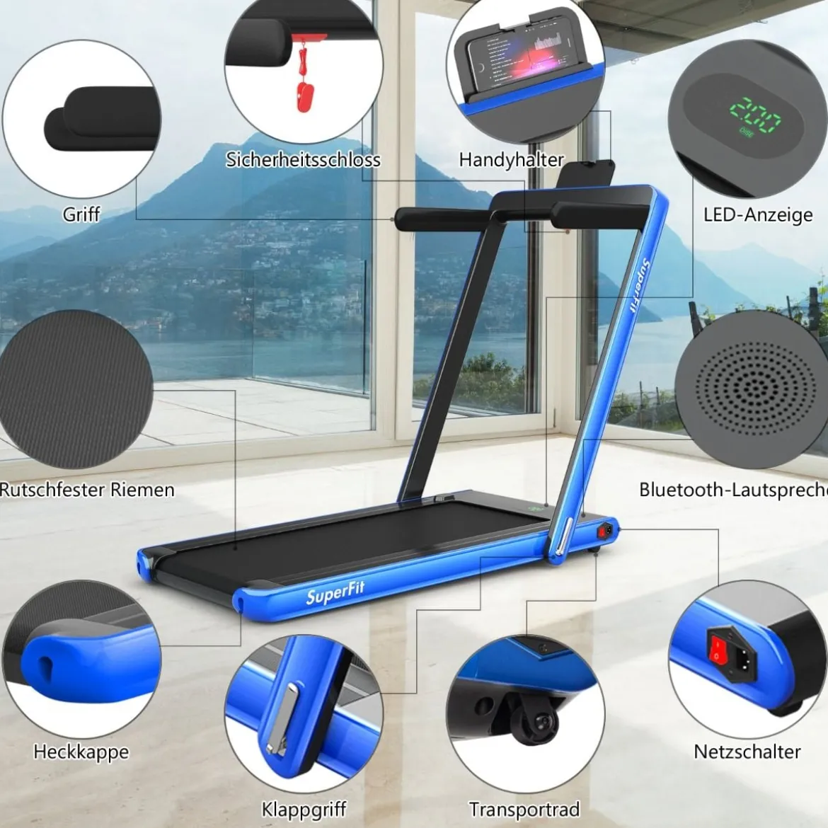 2 in 1 klappbares Laufband mit Bluetooth-Lautsprecher Fernbedienung und LED-Anzeige Blau